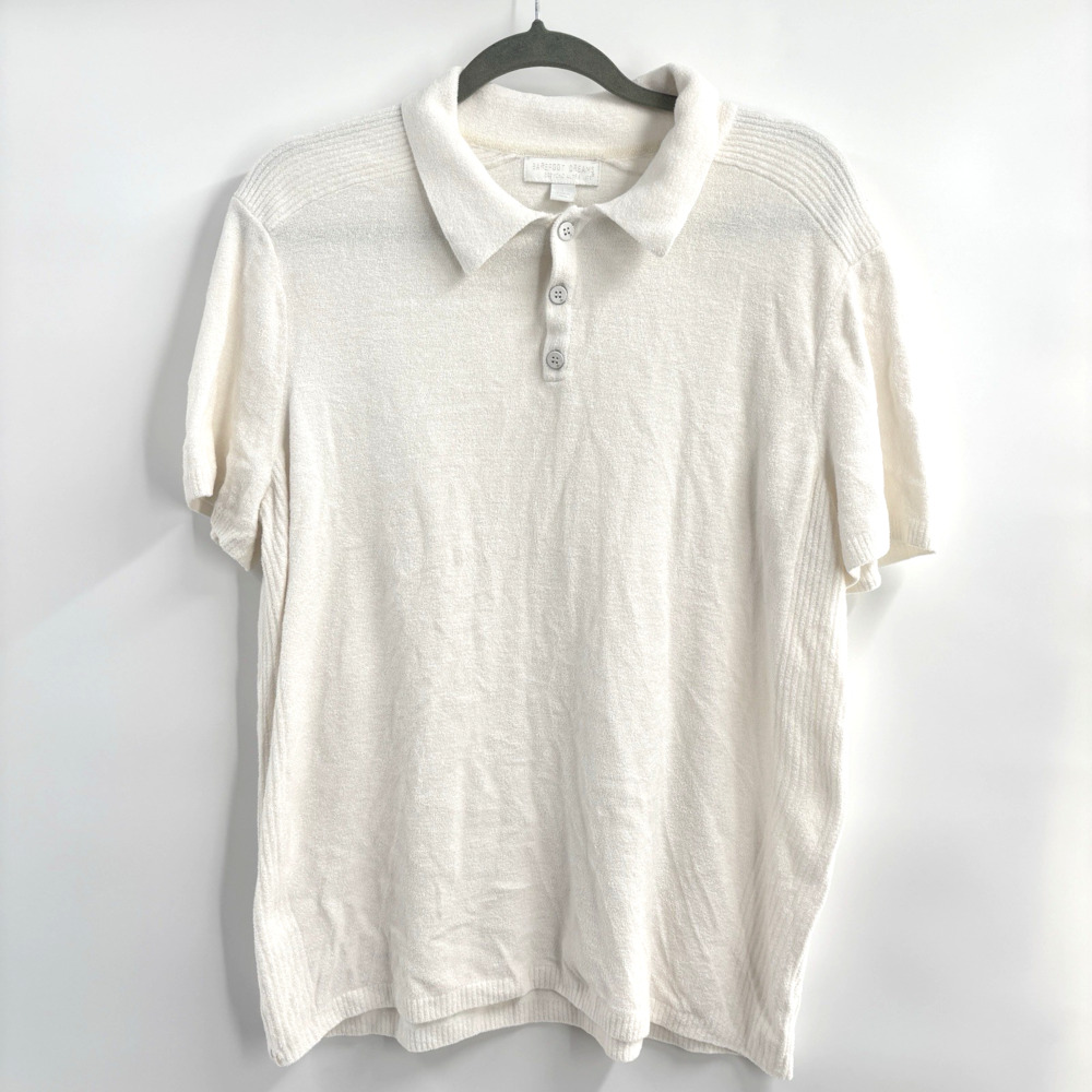 Barefoot Dreams Polo Sea Salt White Mens L CozyChic Ultra Lite Short Sleeve